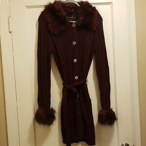 Vintage new no tags Carole Little Maroon Cardigan with Faux Fur